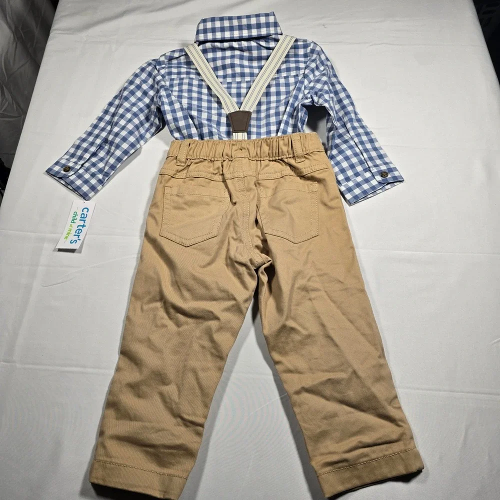 Carter's Boys 18M Gingham Shirt Khaki Pants Suspenders Set 3PC NEW